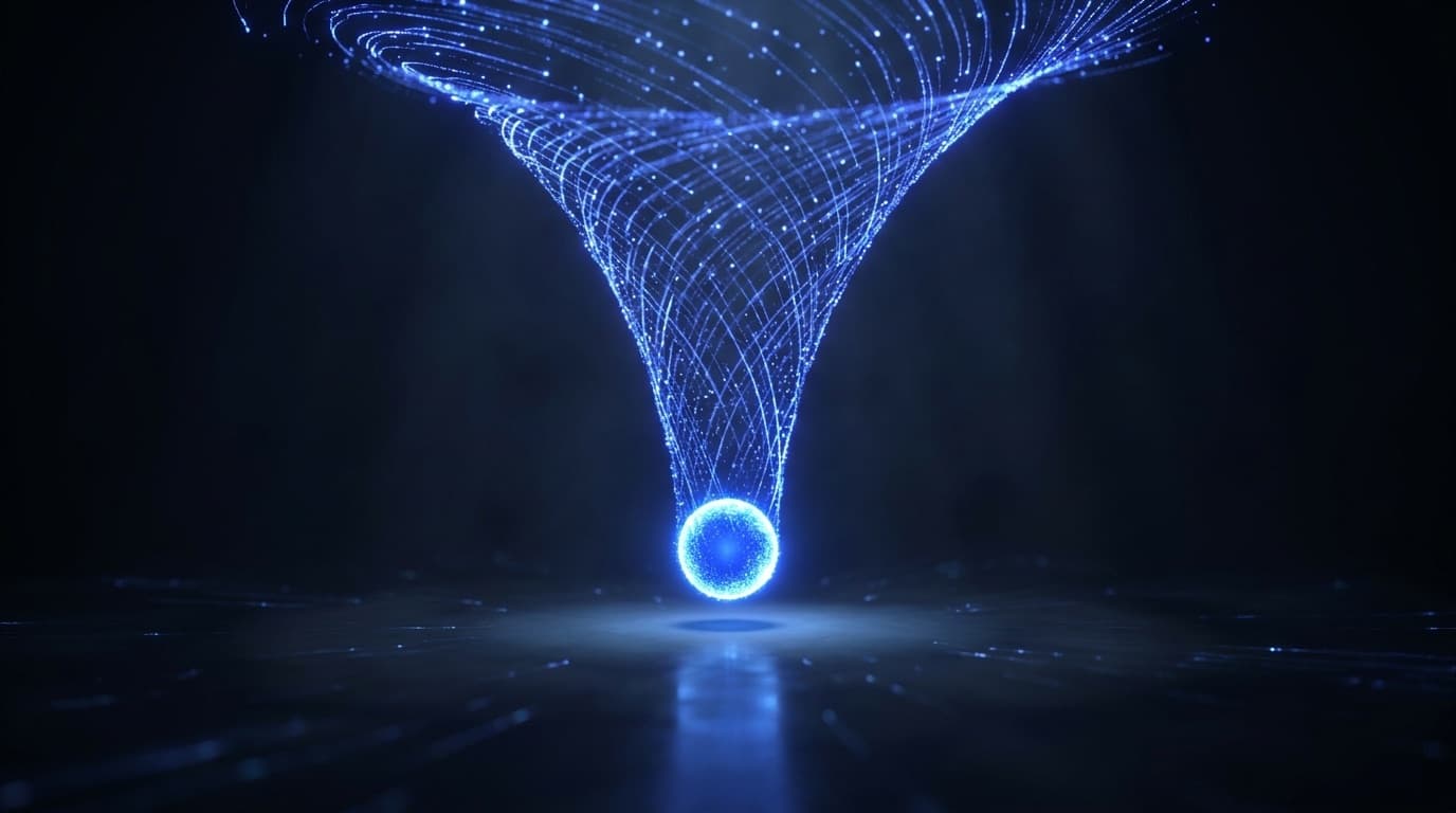 Luminous particle funnel converging into a single glowing lead — Danube Properties lead generation case study
