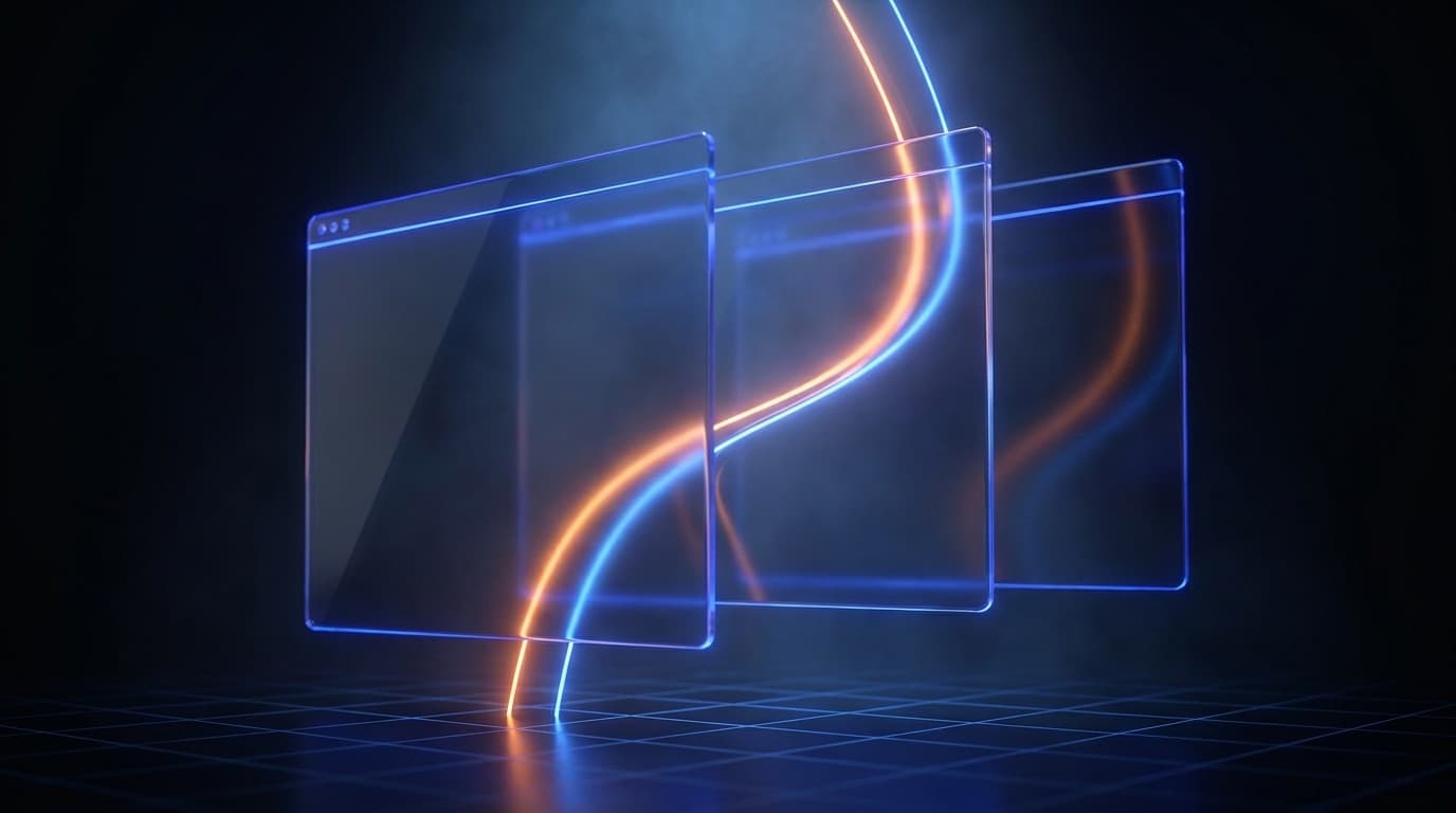 Floating glass browser panels with a rising light curve — Newdoor Real Estate website and SEO case study