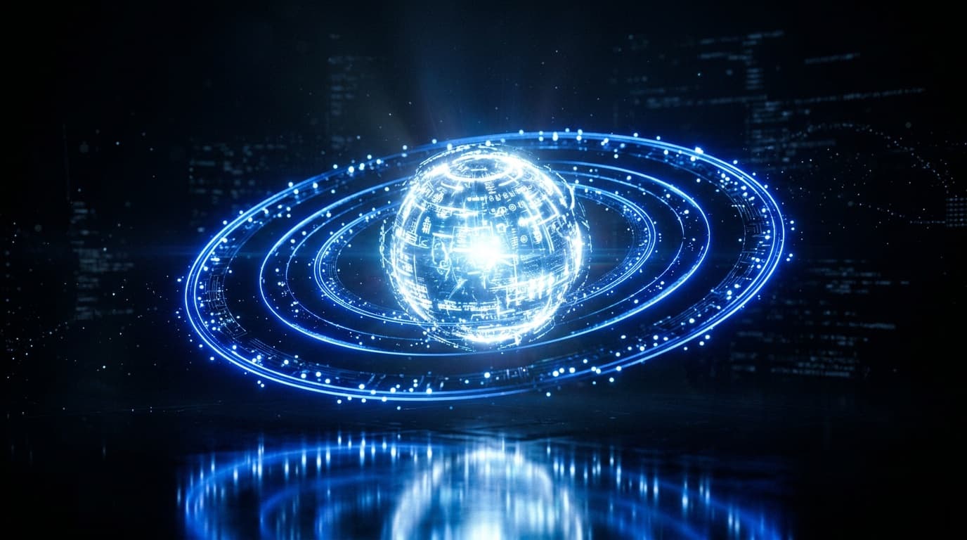 Data core orbited by rings of light — Emireum Properties 360 performance marketing case study