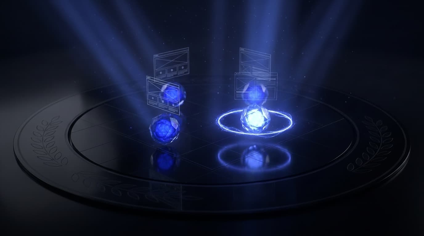 Four glowing AI cores competing in a dark arena — Design Arena AI guide