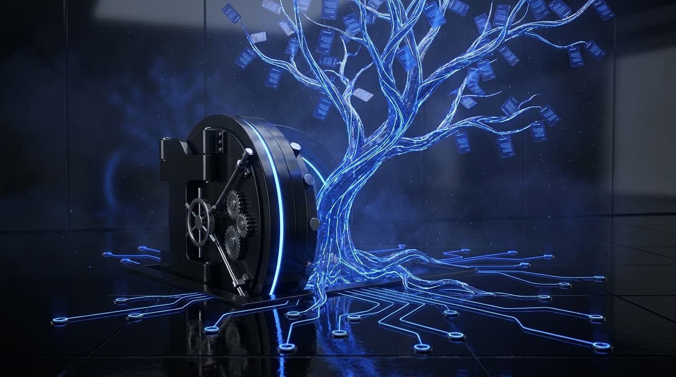 A crystalline tree of light growing markdown-file leaves from an obsidian vault — OpenHuman AI agent setup guide